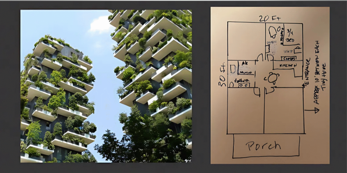 Rendering of eco-friendly high-rise buildings with green terraces and a hand-drawn floor plan for a tiny home layout.