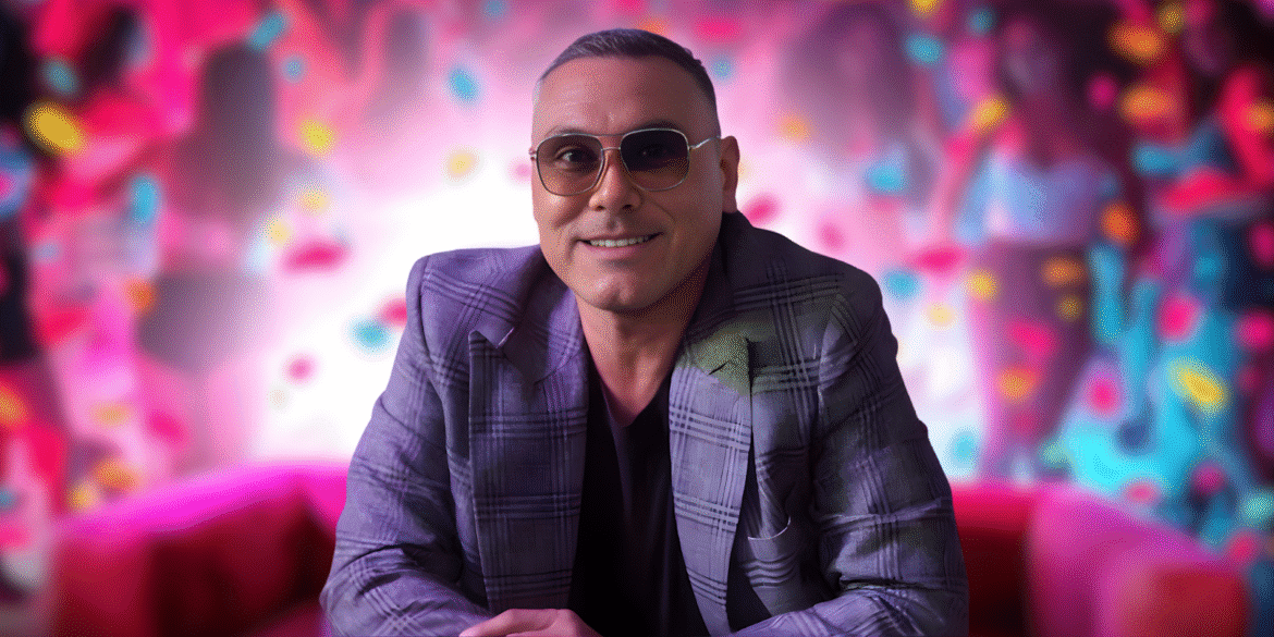 Dylan Garcia in sunglasses and plaid jacket, smiling against a colorful party-themed background promoting his new dance singles.