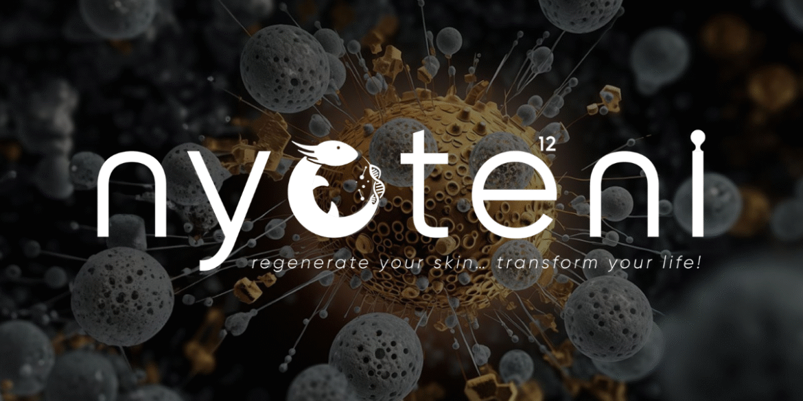 Nyoteni exosome night cream logo with cellular imagery; promotes skin regeneration and anti-aging benefits during sleep.