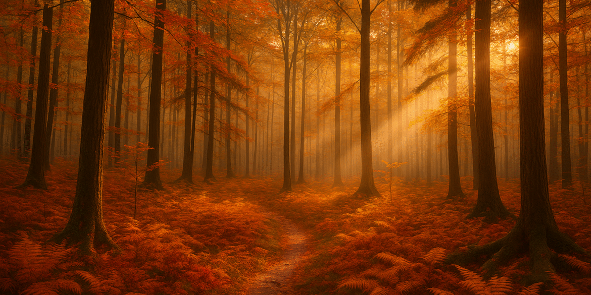 Golden sunlight filters through tall autumn trees in a serene forest, symbolizing peace, mindfulness, and soulful connection with nature.