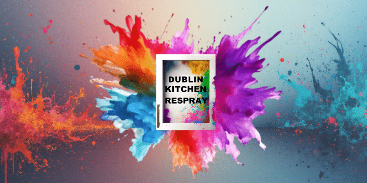 Colorful paint splashes surround the text 'Dublin Kitchen Respray,' representing kitchen transformations and innovation in Dublin.