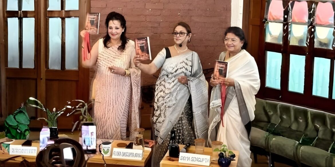 A book launch event for Aloka Dasgupta Niyogi’s debut novel "Inheritors of Silence," featuring the author and guests.