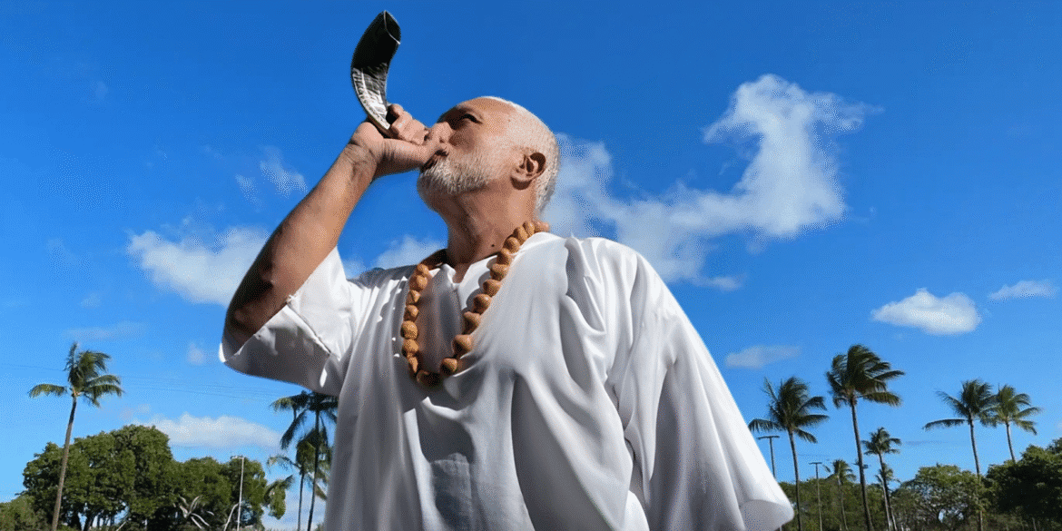 Apostle Nightingdale blowing the shofar, symbolizing spiritual awakening and leadership in the Army of the Lord.