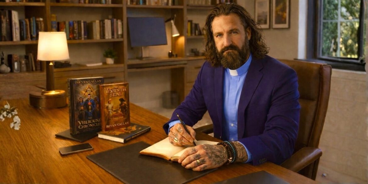 A bearded man in a purple suit, seated at a desk with books, writing in an open notebook.
