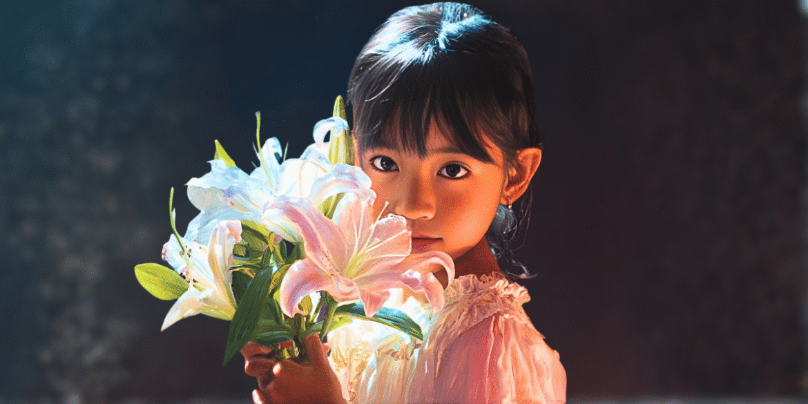 Young girl holding lilies, softly lit, gazing forward with calm expression against dark background.