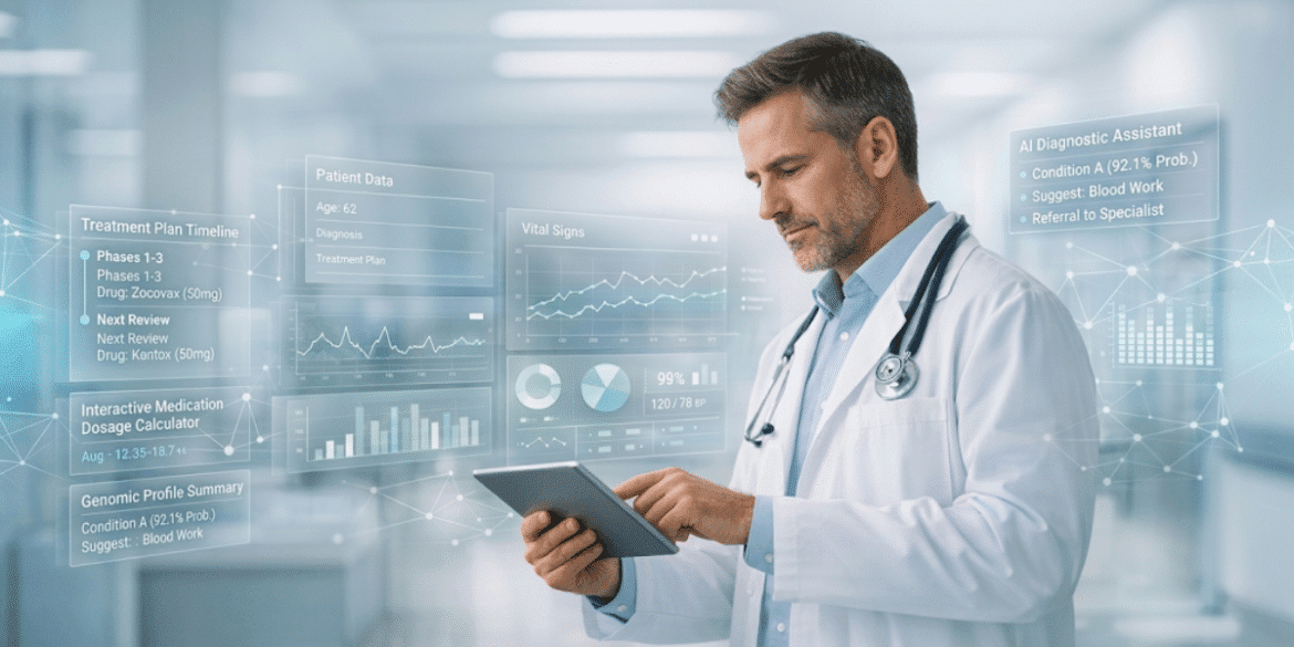 Doctor reviewing patient data through digital interface with vital signs, treatment plans, and AI suggestions.