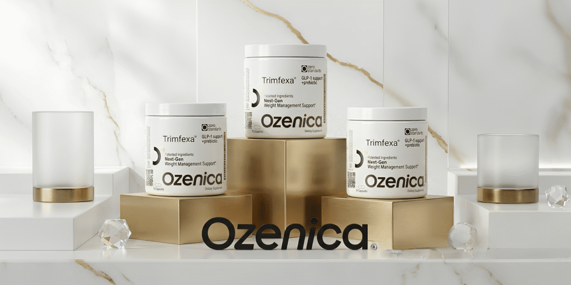 Three Ozenica wellness supplement containers displayed on elegant gold platforms in a modern luxury setting.