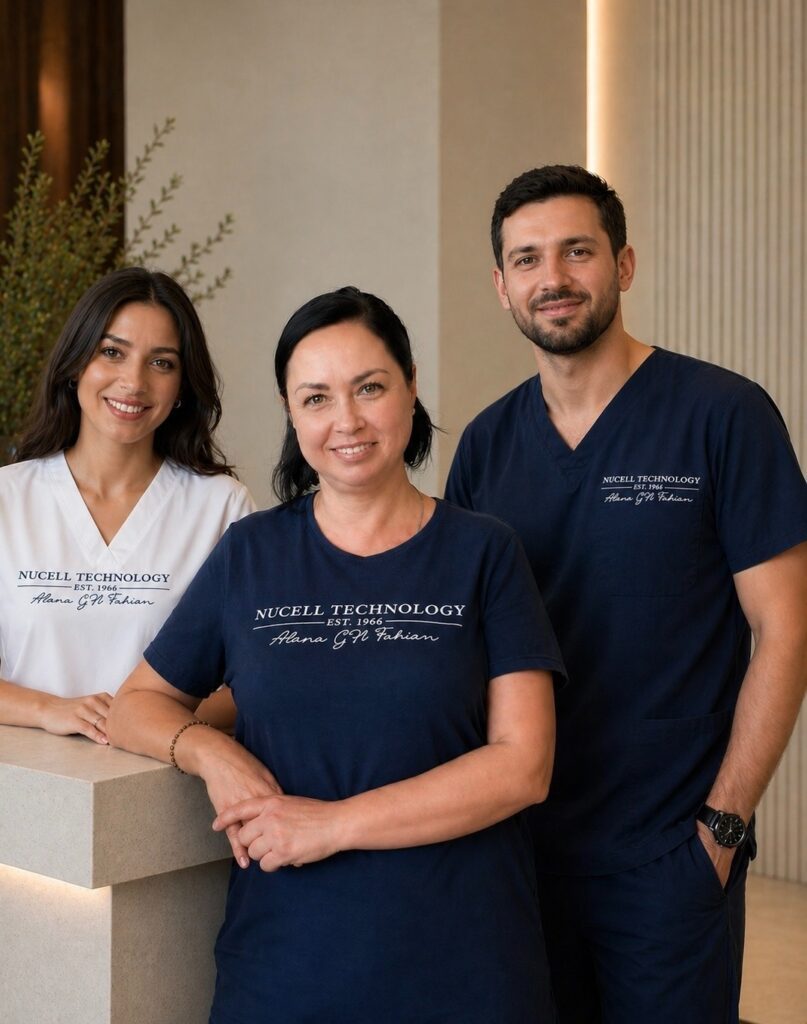 NuCell NOVUS team members standing together in clinic reception wearing branded medical uniforms.