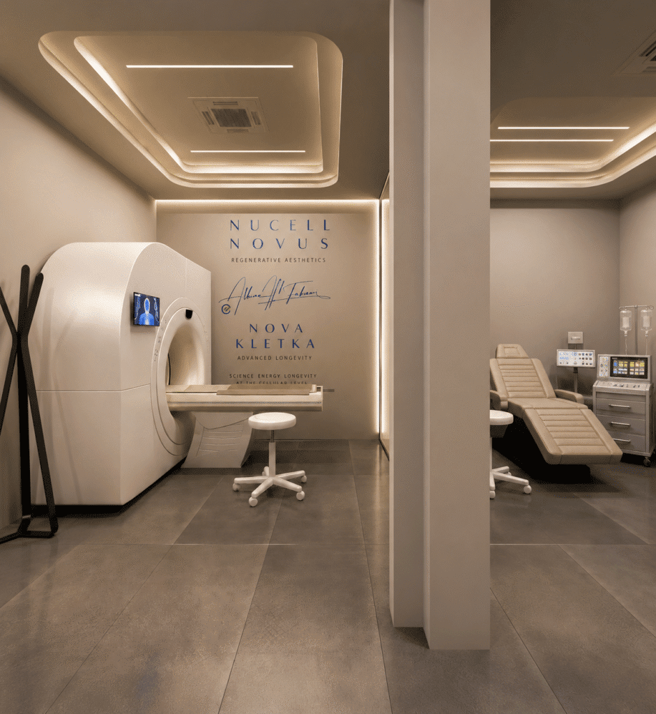 Modern NuCell NOVUS medical biophysics center with advanced diagnostic equipment and treatment rooms.