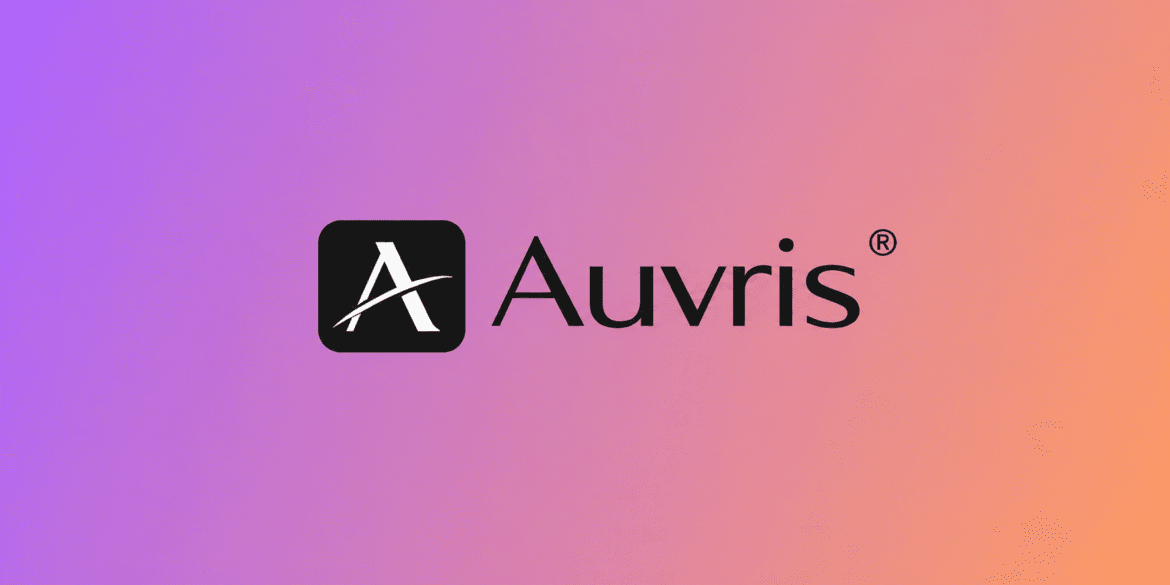 Auvris logo on a purple-to-orange gradient background representing modern home furniture and décor brand.