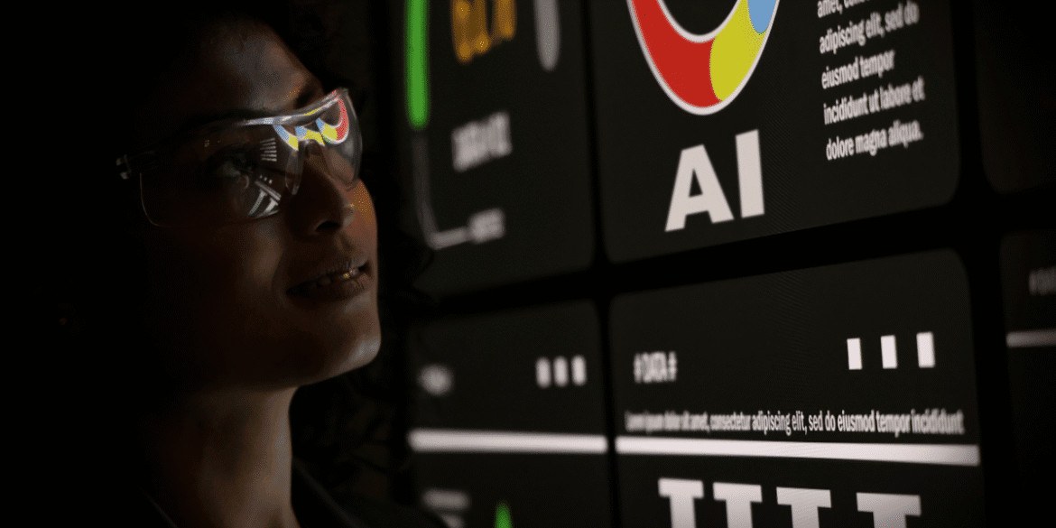 Person wearing smart glasses viewing AI interface displayed across multiple digital screens.