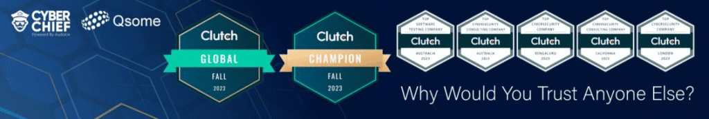 Cyber Chief and Qsome banner displaying multiple Clutch cybersecurity awards and recognition badges.